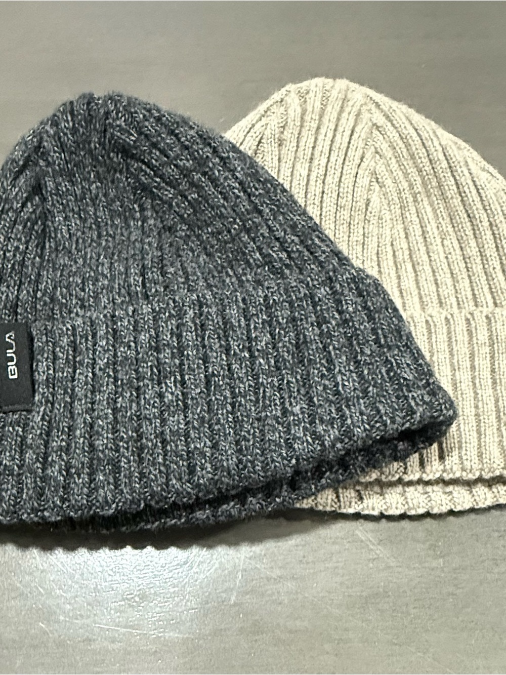 Bula Ribbed Knit Beanie Duo — Charcoal and Light Beige